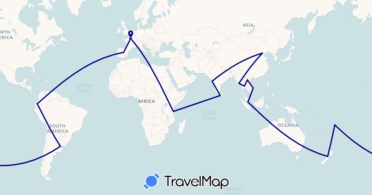 TravelMap itinerary: driving in Argentina, China, Ecuador, Spain, Fiji, France, India, Laos, Sri Lanka, Myanmar (Burma), New Zealand, Singapore, Thailand, Tanzania, Vietnam (Africa, Asia, Europe, Oceania, South America)